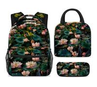 ewndhtse School Backpack Set with Lunch Bag Pencil Case, 3 Pcs School Bookbags Set Travel Rucksack Casual Daypack for Teens Girls Boys Primary Junior Middle - Lotus Pond