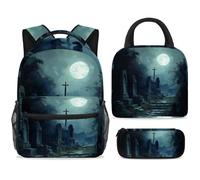 ewndhtse School Backpack Set with Lunch Bag Pencil Case, 3 Pcs School Bookbags Set Travel Rucksack Casual Daypack for Teens Girls Boys Primary Junior Middle - Creepy Cemetery Moon