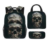 ewndhtse School Backpack Set with Lunch Bag Pencil Case, 3 Pcs School Bookbags Set Travel Rucksack Casual Daypack for Teens Girls Boys Primary Junior Middle - Read Human Head Skull