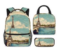 ewndhtse School Backpack Set with Lunch Bag Pencil Case, 3 Pcs School Bookbags Set Travel Rucksack Casual Daypack for Teens Girls Boys Primary Junior Middle - Paris Eiffer Tower Bridge River
