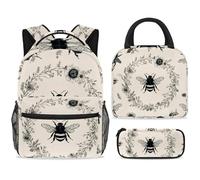 ewndhtse School Backpack Set with Lunch Bag Pencil Case, 3 Pcs School Bookbags Set Travel Rucksack Casual Daypack for Teens Girls Boys Primary Junior Middle - Floral Wreath Honey Bee