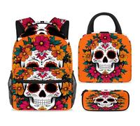 ewndhtse School Backpack Set with Lunch Bag Pencil Case, 3 Pcs School Bookbags Set Travel Rucksack Casual Daypack for Teens Girls Boys Primary Junior Middle - Flowers Dead Sugar Skull