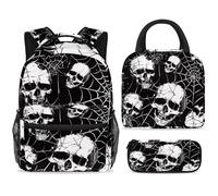 ewndhtse School Backpack Set with Lunch Bag Pencil Case, 3 Pcs School Bookbags Set Travel Rucksack Casual Daypack for Teens Girls Boys Primary Junior Middle - Dead Skull on Spiderweb Black