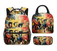 ewndhtse School Backpack Set with Lunch Bag Pencil Case, 3 Pcs School Bookbags Set Travel Rucksack Casual Daypack for Teens Girls Boys Primary Junior Middle - Color Oil Painting Horses