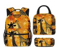 ewndhtse School Backpack Set with Lunch Bag Pencil Case, 3 Pcs School Bookbags Set Travel Rucksack Casual Daypack for Teens Girls Boys Primary Junior Middle - Giraffe with Ethnic Elements
