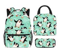 ewndhtse School Backpack Set with Lunch Bag Pencil Case, 3 Pcs School Bookbags Set Travel Rucksack Casual Daypack for Teens Girls Boys Primary Junior Middle - Cute Penguins and Seashells