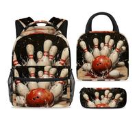 ewndhtse School Backpack Set with Lunch Bag Pencil Case, 3 Pcs School Bookbags Set Travel Rucksack Casual Daypack for Teens Girls Boys Primary Junior Middle - Bowling Ball Crashing Into The Pins