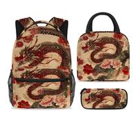 ewndhtse School Backpack Set with Lunch Bag Pencil Case, 3 Pcs School Bookbags Set Travel Rucksack Casual Daypack for Teens Girls Boys Primary Junior Middle - Ancient Dragon Pink Red Peony