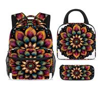 ewndhtse School Backpack Set with Lunch Bag Pencil Case, 3 Pcs School Bookbags Set Travel Rucksack Casual Daypack for Teens Girls Boys Primary Junior Middle - Colorful Mandala Flower