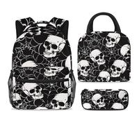 ewndhtse School Backpack Set with Lunch Bag Pencil Case, 3 Pcs School Bookbags Set Travel Rucksack Casual Daypack for Teens Girls Boys Primary Junior Middle - Skull Spiderweb Black