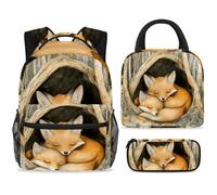 ewndhtse School Backpack Set with Lunch Bag Pencil Case, 3 Pcs School Bookbags Set Travel Rucksack Casual Daypack for Teens Girls Boys Primary Junior Middle - Fox Mother and Baby Sleeping