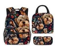 ewndhtse School Backpack Set with Lunch Bag Pencil Case, 3 Pcs School Bookbags Set Travel Rucksack Casual Daypack for Teens Girls Boys Primary Junior Middle - Yorkshire Terrier Florals