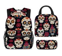 ewndhtse School Backpack Set with Lunch Bag Pencil Case, 3 Pcs School Bookbags Set Travel Rucksack Casual Daypack for Teens Girls Boys Primary Junior Middle - Day of The Dead Skulls Florals