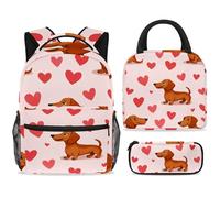 ewndhtse School Backpack Set with Lunch Bag Pencil Case, 3 Pcs School Bookbags Set Travel Rucksack Casual Daypack for Teens Girls Boys Primary Junior Middle - Pink Love Heart Dachshund