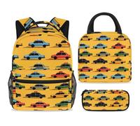 ewndhtse School Backpack Set with Lunch Bag Pencil Case, 3 Pcs School Bookbags Set Travel Rucksack Casual Daypack for Teens Girls Boys Primary Junior Middle - Colorful Taxi Car