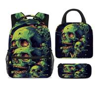 ewndhtse School Backpack Set with Lunch Bag Pencil Case, 3 Pcs School Bookbags Set Travel Rucksack Casual Daypack for Teens Girls Boys Primary Junior Middle - Spooky Zomble Skulls