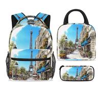 ewndhtse School Backpack Set with Lunch Bag Pencil Case, 3 Pcs School Bookbags Set Travel Rucksack Casual Daypack for Teens Girls Boys Primary Junior Middle - Café Under The Eiffel Tower
