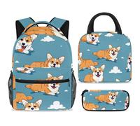 ewndhtse School Backpack Set with Lunch Bag Pencil Case, 3 Pcs School Bookbags Set Travel Rucksack Casual Daypack for Teens Girls Boys Primary Junior Middle - Corgi Dogs Cloud on Blue