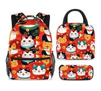 ewndhtse School Backpack Set with Lunch Bag Pencil Case, 3 Pcs School Bookbags Set Travel Rucksack Casual Daypack for Teens Girls Boys Primary Junior Middle - Cartoon Maneki Neko Cats