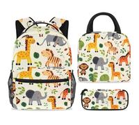 ewndhtse School Backpack Set with Lunch Bag Pencil Case, 3 Pcs School Bookbags Set Travel Rucksack Casual Daypack for Teens Girls Boys Primary Junior Middle - Cartoon Zoo Animals