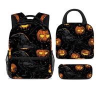 ewndhtse School Backpack Set with Lunch Bag Pencil Case, 3 Pcs School Bookbags Set Travel Rucksack Casual Daypack for Teens Girls Boys Primary Junior Middle - Raven Pumpkin