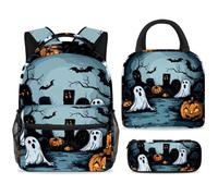 ewndhtse School Backpack Set with Lunch Bag Pencil Case, 3 Pcs School Bookbags Set Travel Rucksack Casual Daypack for Teens Girls Boys Primary Junior Middle - Halloween Graveyard Bat Ghosts