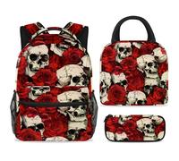 ewndhtse School Backpack Set with Lunch Bag Pencil Case, 3 Pcs School Bookbags Set Travel Rucksack Casual Daypack for Teens Girls Boys Primary Junior Middle - Dead Skull Red Roses