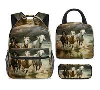 ewndhtse School Backpack Set with Lunch Bag Pencil Case, 3 Pcs School Bookbags Set Travel Rucksack Casual Daypack for Teens Girls Boys Primary Junior Middle - Horse Galloping in The Sea