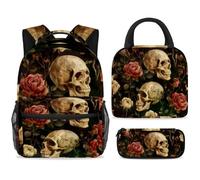 ewndhtse School Backpack Set with Lunch Bag Pencil Case, 3 Pcs School Bookbags Set Travel Rucksack Casual Daypack for Teens Girls Boys Primary Junior Middle - Roses Branch Dead Skull