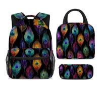 ewndhtse School Backpack Set with Lunch Bag Pencil Case, 3 Pcs School Bookbags Set Travel Rucksack Casual Daypack for Teens Girls Boys Primary Junior Middle - Colorful Peacock Feathers