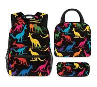 ewndhtse School Backpack Set with Lunch Bag Pencil Case, 3 Pcs School Bookbags Set Travel Rucksack Casual Daypack for Teens Girls Boys Primary Junior Middle - Colorful Kangaroos Silhouette