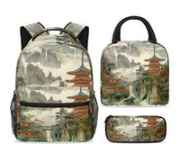 ewndhtse School Backpack Set with Lunch Bag Pencil Case, 3 Pcs School Bookbags Set Travel Rucksack Casual Daypack for Teens Girls Boys Primary Junior Middle - Temples in The Mountains