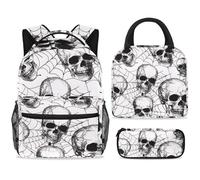 ewndhtse School Backpack Set with Lunch Bag Pencil Case, 3 Pcs School Bookbags Set Travel Rucksack Casual Daypack for Teens Girls Boys Primary Junior Middle - Spiderweb Dead Skull
