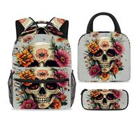 ewndhtse School Backpack Set with Lunch Bag Pencil Case, 3 Pcs School Bookbags Set Travel Rucksack Casual Daypack for Teens Girls Boys Primary Junior Middle - Human Skull with Bright Flowers