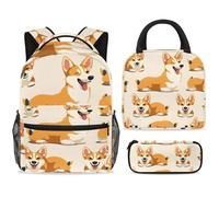 ewndhtse School Backpack Set with Lunch Bag Pencil Case, 3 Pcs School Bookbags Set Travel Rucksack Casual Daypack for Teens Girls Boys Primary Junior Middle - Cute Corgi Dogs