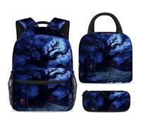 ewndhtse School Backpack Set with Lunch Bag Pencil Case, 3 Pcs School Bookbags Set Travel Rucksack Casual Daypack for Teens Girls Boys Primary Junior Middle - Spooky Night Dead Tree Grave