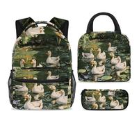 ewndhtse School Backpack Set with Lunch Bag Pencil Case, 3 Pcs School Bookbags Set Travel Rucksack Casual Daypack for Teens Girls Boys Primary Junior Middle - White Ducks Swim on Pond