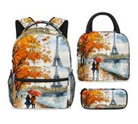 ewndhtse School Backpack Set with Lunch Bag Pencil Case, 3 Pcs School Bookbags Set Travel Rucksack Casual Daypack for Teens Girls Boys Primary Junior Middle - Girls Walking Along The Seine