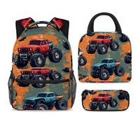 ewndhtse School Backpack Set with Lunch Bag Pencil Case, 3 Pcs School Bookbags Set Travel Rucksack Casual Daypack for Teens Girls Boys Primary Junior Middle - Blue Red Monster Car