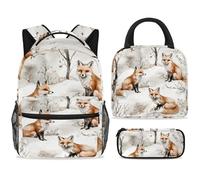 ewndhtse School Backpack Set with Lunch Bag Pencil Case, 3 Pcs School Bookbags Set Travel Rucksack Casual Daypack for Teens Girls Boys Primary Junior Middle - Three Foxes on Snow