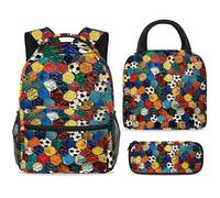 ewndhtse School Backpack Set with Lunch Bag Pencil Case, 3 Pcs School Bookbags Set Travel Rucksack Casual Daypack for Teens Girls Boys Primary Junior Middle - Squeezed Football