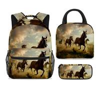 ewndhtse School Backpack Set with Lunch Bag Pencil Case, 3 Pcs School Bookbags Set Travel Rucksack Casual Daypack for Teens Girls Boys Primary Junior Middle - Horses on The Grassland