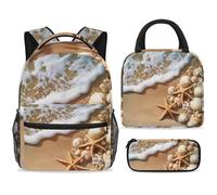 ewndhtse School Backpack Set with Lunch Bag Pencil Case, 3 Pcs School Bookbags Set Travel Rucksack Casual Daypack for Teens Girls Boys Primary Junior Middle - Starfish Seashells on Beach