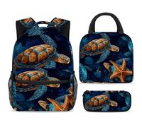 ewndhtse School Backpack Set with Lunch Bag Pencil Case, 3 Pcs School Bookbags Set Travel Rucksack Casual Daypack for Teens Girls Boys Primary Junior Middle - Starry Turtle Starfish