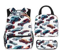 ewndhtse School Backpack Set with Lunch Bag Pencil Case, 3 Pcs School Bookbags Set Travel Rucksack Casual Daypack for Teens Girls Boys Primary Junior Middle - Speed Racing Cars