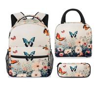 ewndhtse School Backpack Set with Lunch Bag Pencil Case, 3 Pcs School Bookbags Set Travel Rucksack Casual Daypack for Teens Girls Boys Primary Junior Middle - Butterflies on Daisy Rose Wildflower