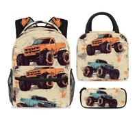 ewndhtse School Backpack Set with Lunch Bag Pencil Case, 3 Pcs School Bookbags Set Travel Rucksack Casual Daypack for Teens Girls Boys Primary Junior Middle - Orange Blue Monster Car