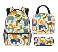 ewndhtse School Backpack Set with Lunch Bag Pencil Case, 3 Pcs School Bookbags Set Travel Rucksack Casual Daypack for Teens Girls Boys Primary Junior Middle - Cartoon Zoo Animal