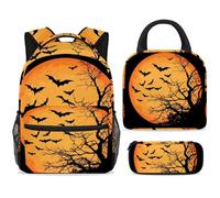 ewndhtse School Backpack Set with Lunch Bag Pencil Case, 3 Pcs School Bookbags Set Travel Rucksack Casual Daypack for Teens Girls Boys Primary Junior Middle - Flying Bats Tree Moon