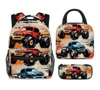 ewndhtse School Backpack Set with Lunch Bag Pencil Case, 3 Pcs School Bookbags Set Travel Rucksack Casual Daypack for Teens Girls Boys Primary Junior Middle - Red Blue Monster Car